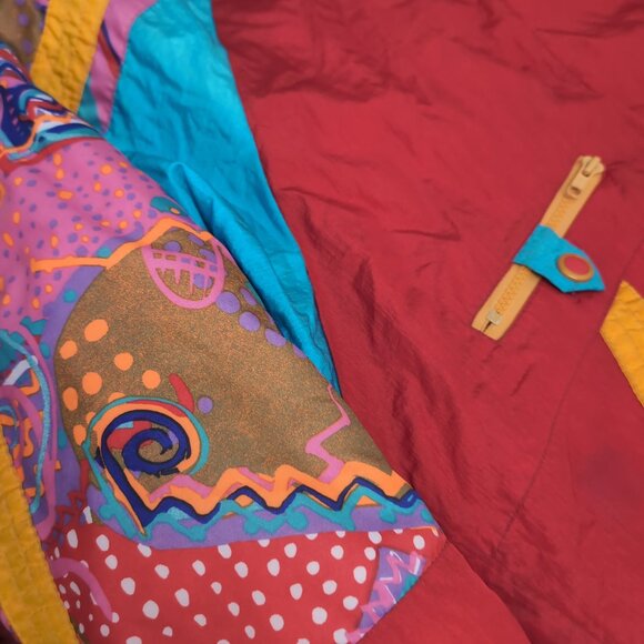 Roffe 80s Ski Jacket Red Multicolor Geometric Retro Snow Coat – Women’s 14 - Picture 2 of 9